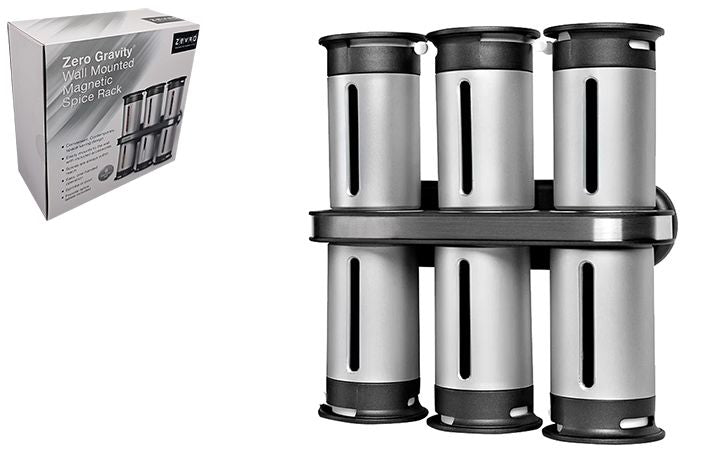 Zevro Zero Gravity Wall Mounted Magnetic Spice Rack - 6 Canisters - Silver