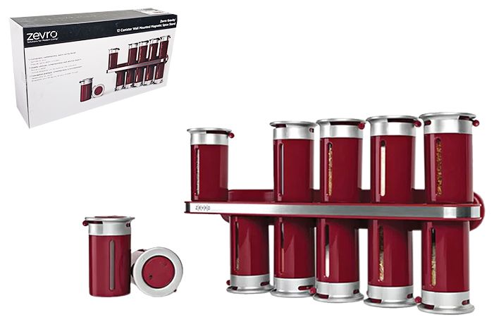 Zevro Zero Gravity Wall Mounted Magnetic Spice Rack - 12 Canister - Red