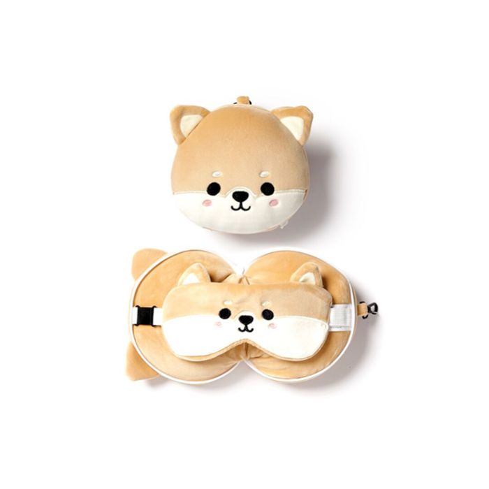 Relaxeazzz Plush Travel Pillow W/Eye Mask Set - 15cm - Shiba