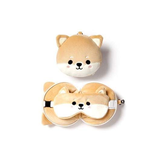 Relaxeazzz Plush Travel Pillow W/Eye Mask Set - 15cm - Shiba